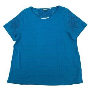 Soft Surroundings Size XL Shirt Top Blue Cut Out Lace Back Textured Embroidered
